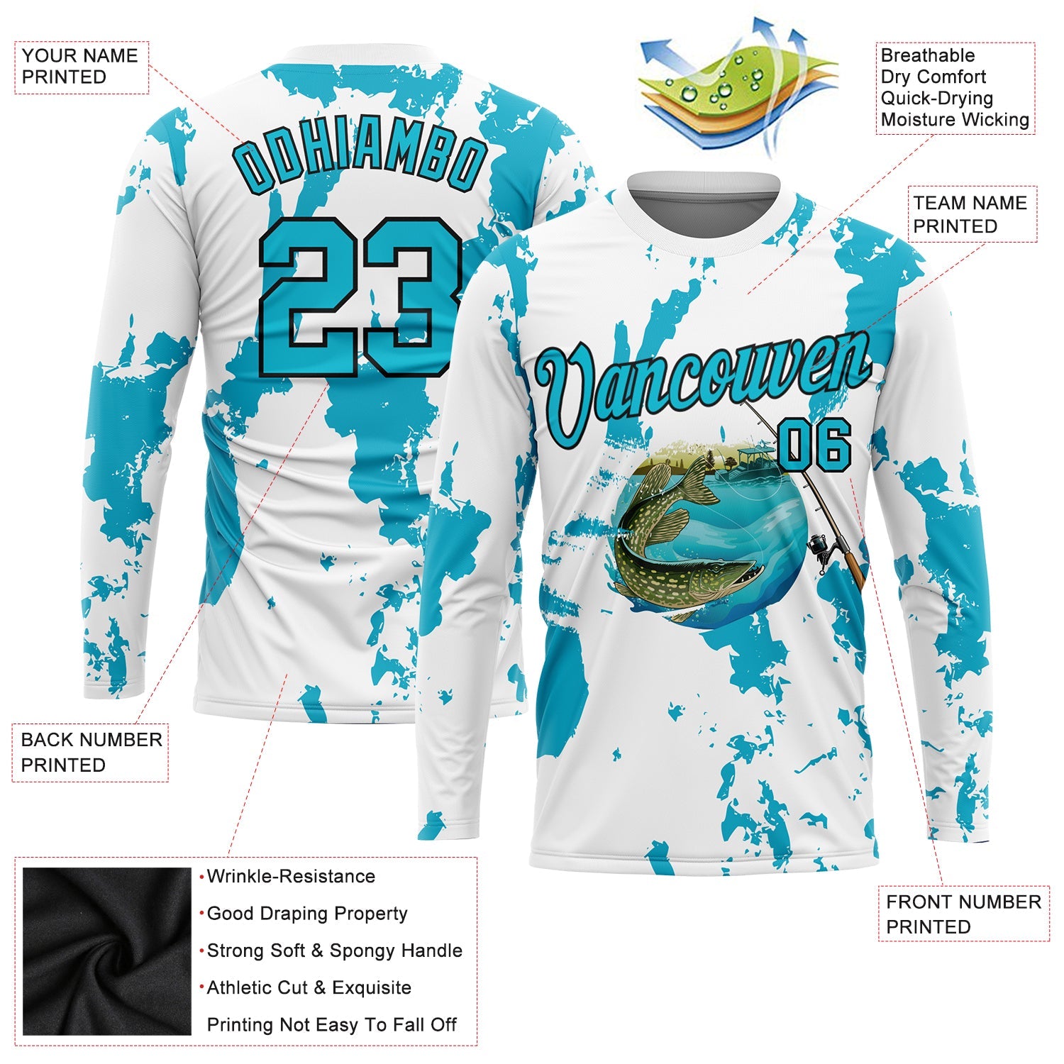 Custom White Lakes Blue-Black Fishing Bass Fish Long Sleeve Performance T-Shirt view 2