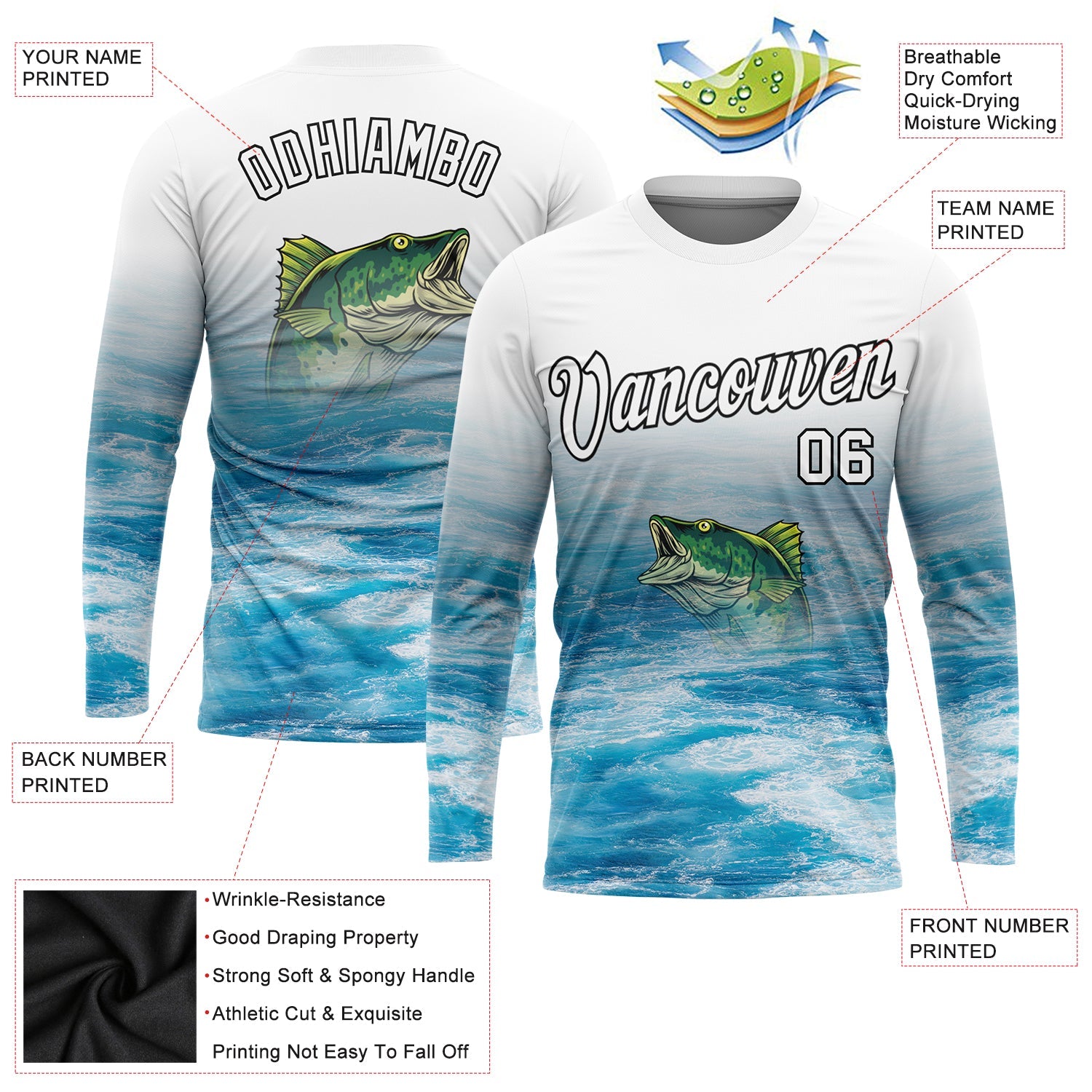 Custom White Blue-Black Fishing Bass Fish Long Sleeve Performance T-Shirt view 2