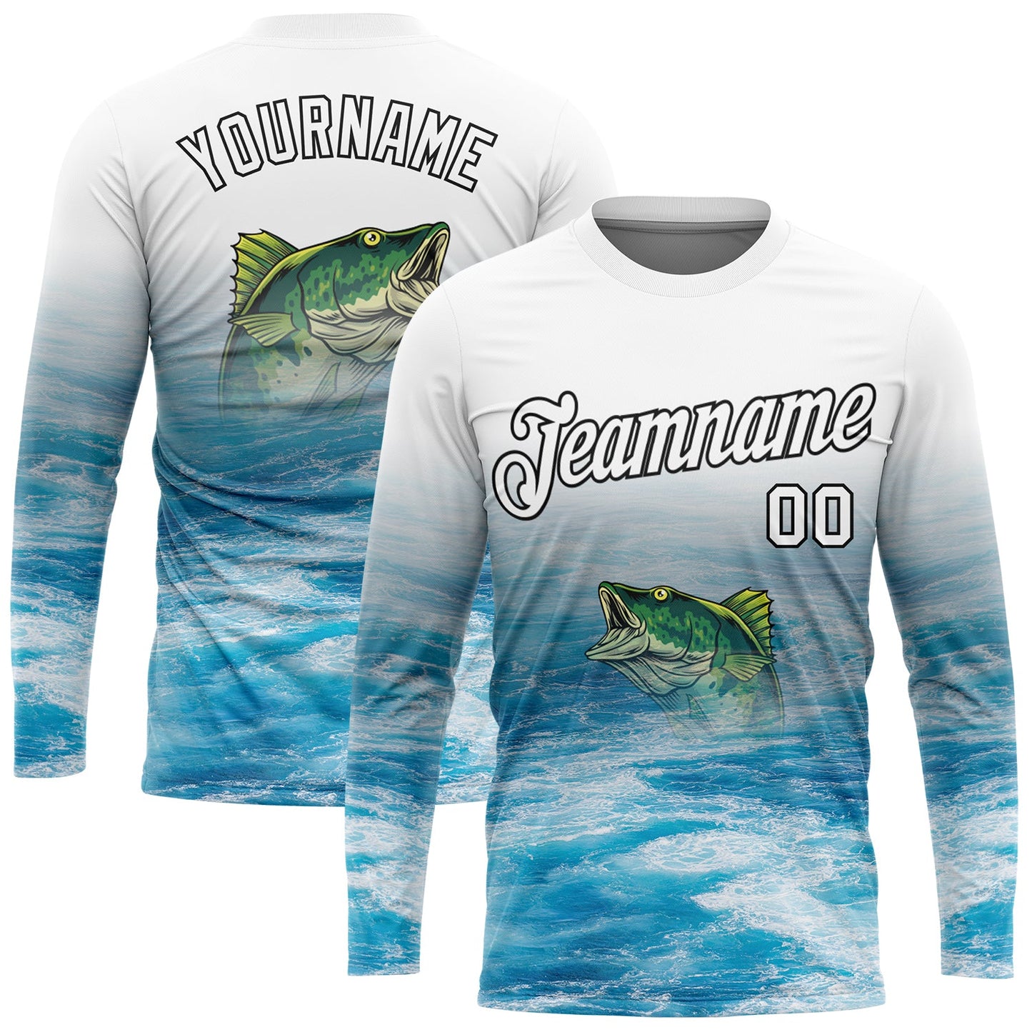 Custom White Blue-Black Fishing Bass Fish Long Sleeve Performance T-Shirt - Main View