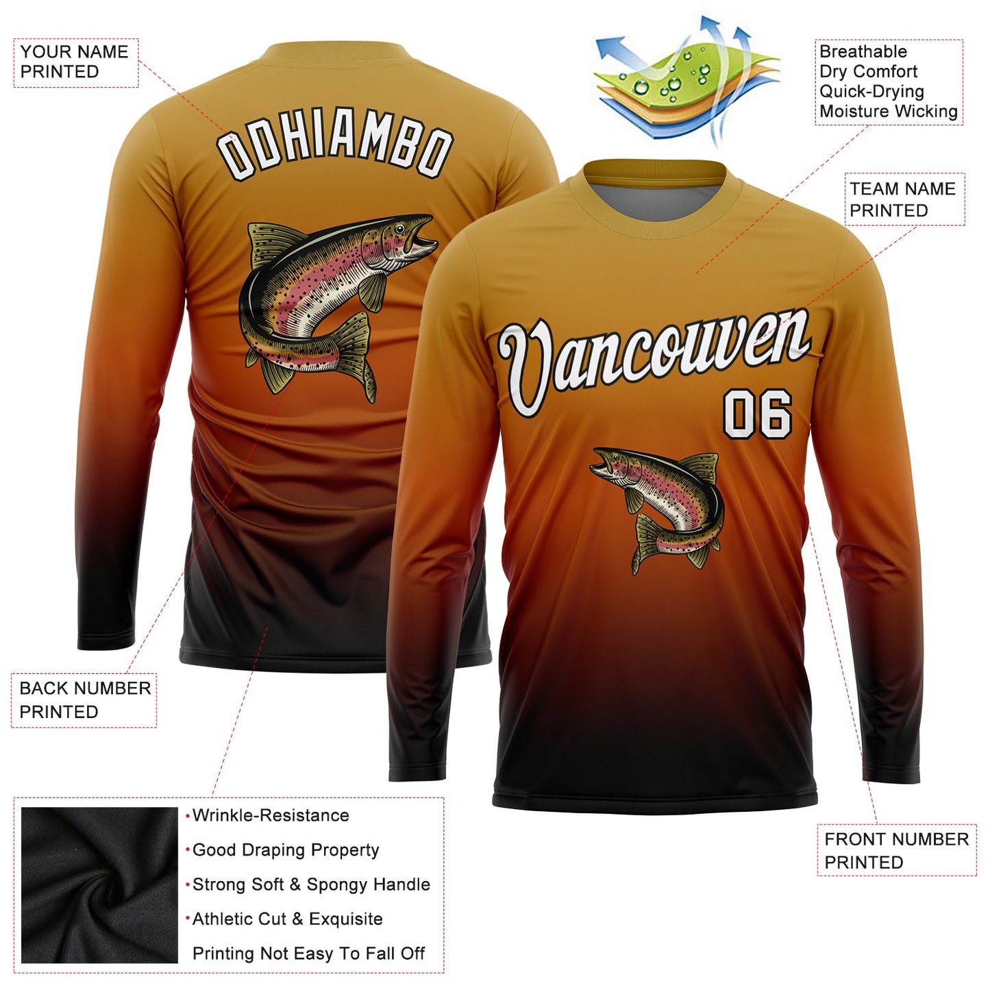 Custom Old Gold White Orange-Black Fishing Rainbow Trout Fish Gradient Long Sleeve Performance T-Shirt view 2