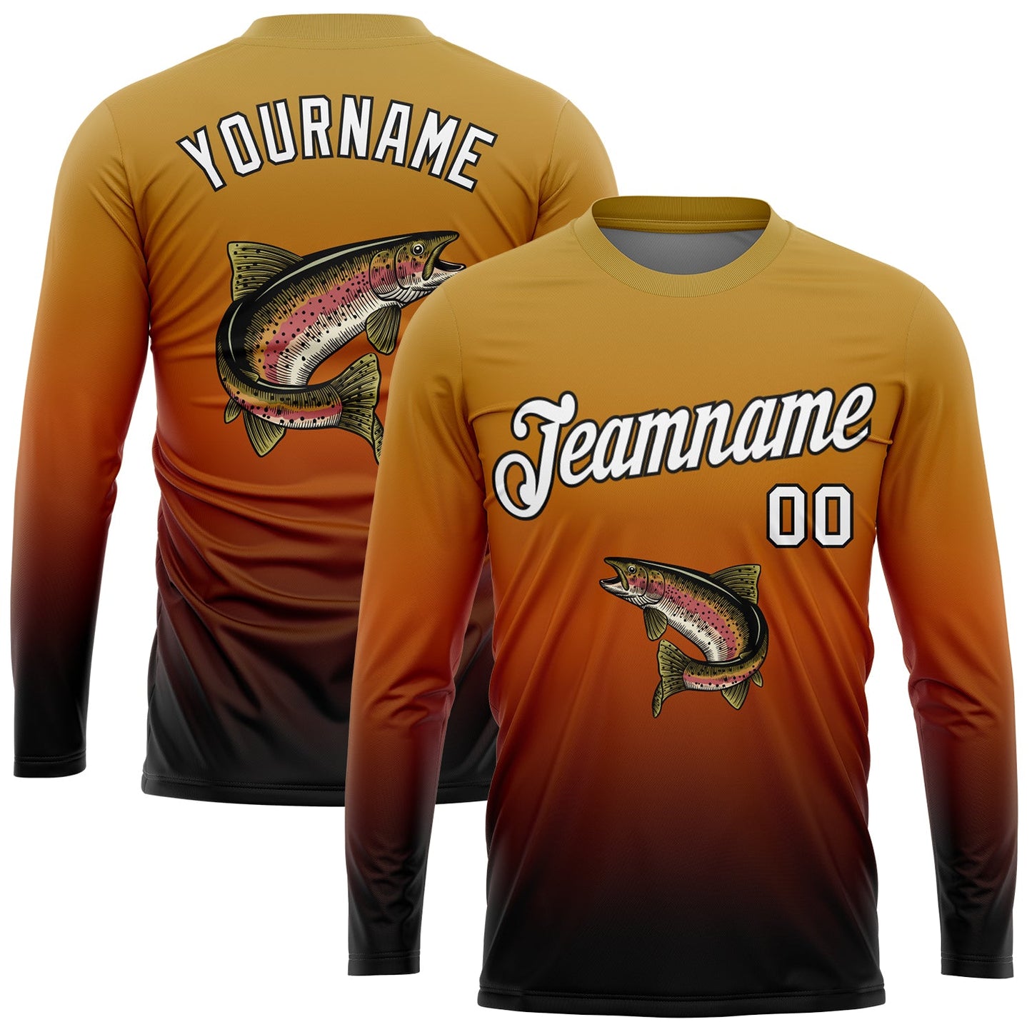 Custom Old Gold White Orange-Black Fishing Rainbow Trout Fish Gradient Long Sleeve Performance T-Shirt - Main View
