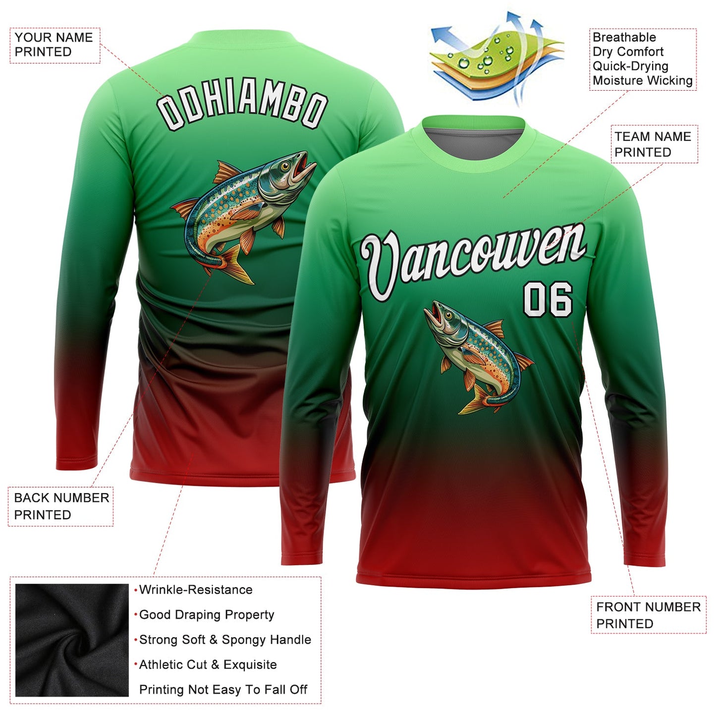 Custom Pea Green White Red-Black Fishing Salmon Fish Gradient Long Sleeve Performance T-Shirt view 2
