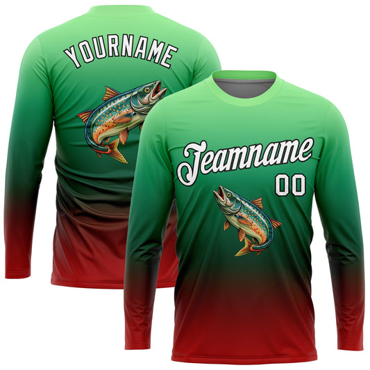 Custom Pea Green White Red-Black Fishing Salmon Fish Gradient Long Sleeve Performance T-Shirt - Main View