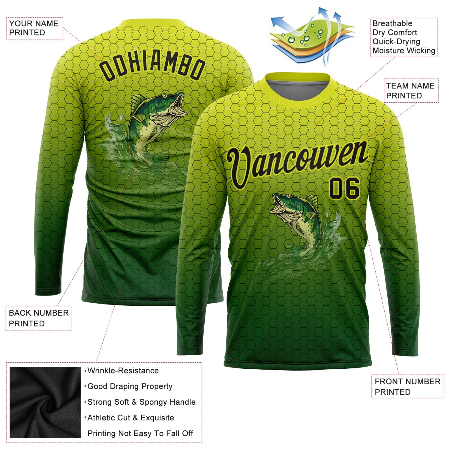 Custom Neon Yellow Black-Green Fishing Bass Fish Gradient Long Sleeve Performance T-Shirt view 2