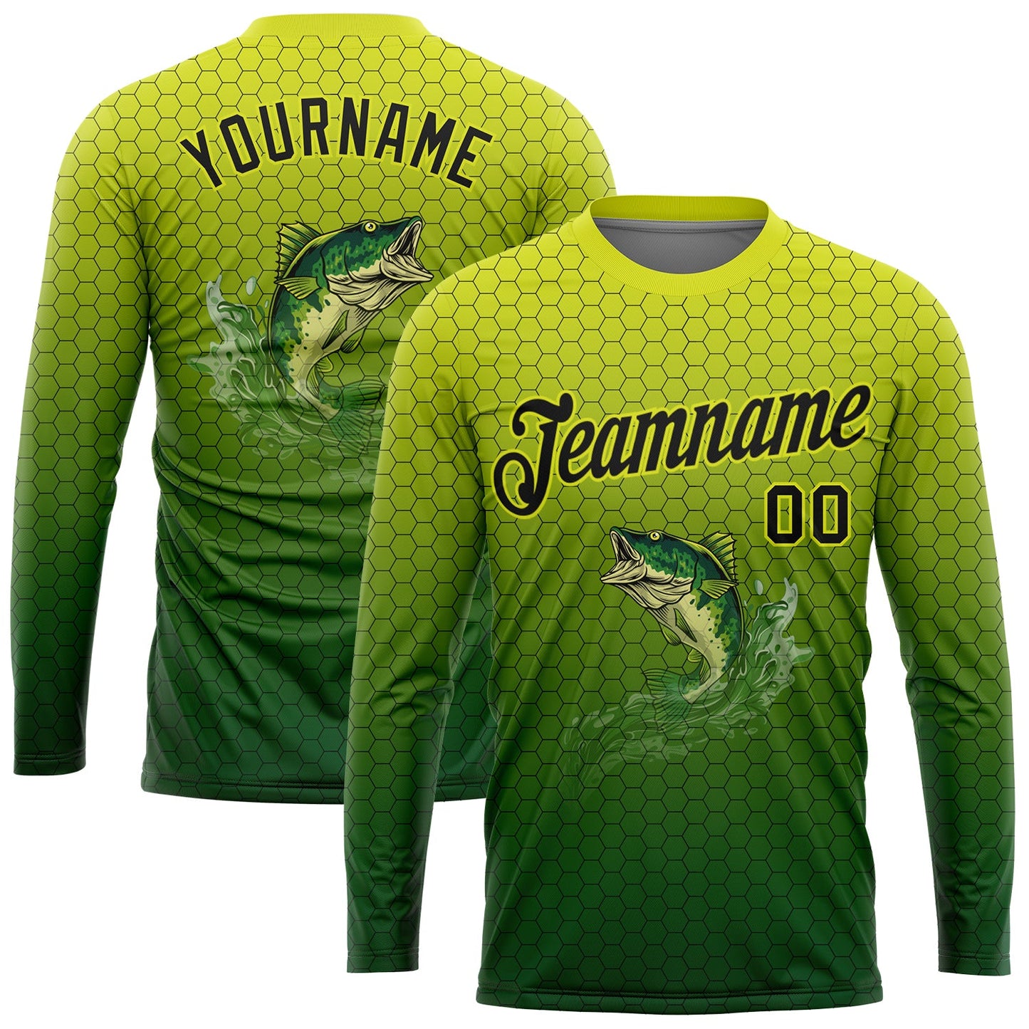 Custom Neon Yellow Black-Green Fishing Bass Fish Gradient Long Sleeve Performance T-Shirt - Main View