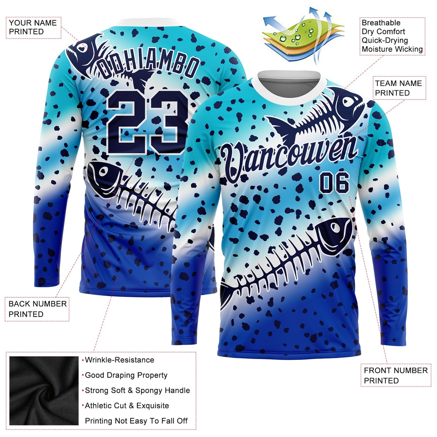 Custom Lakes Blue Navy Thunder Blue-White Fishing Fish Bone Gradient Long Sleeve Performance T-Shirt view 2