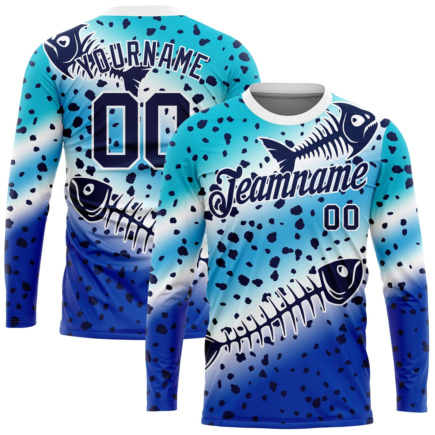 Custom Lakes Blue Navy Thunder Blue-White Fishing Fish Bone Gradient Long Sleeve Performance T-Shirt - Main View