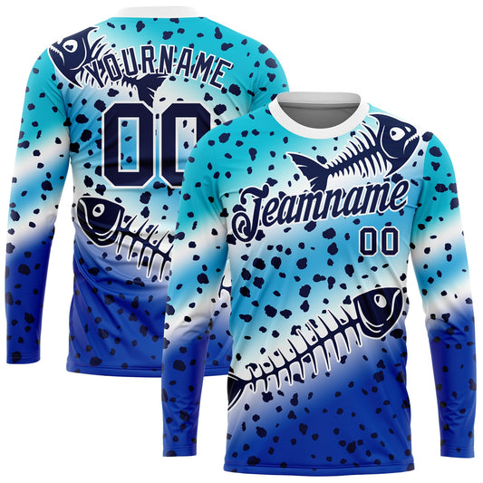 Custom Lakes Blue Navy Thunder Blue-White Fishing Fish Bone Gradient Long Sleeve Performance T-Shirt - Main View
