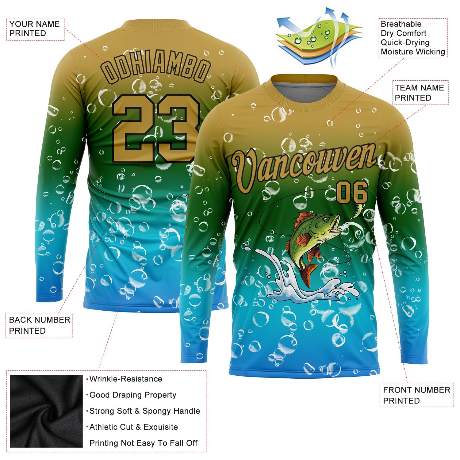 Custom Old Gold Green Lakes Blue-Black Fishing Bass Fish Long Sleeve Performance T-Shirt view 2
