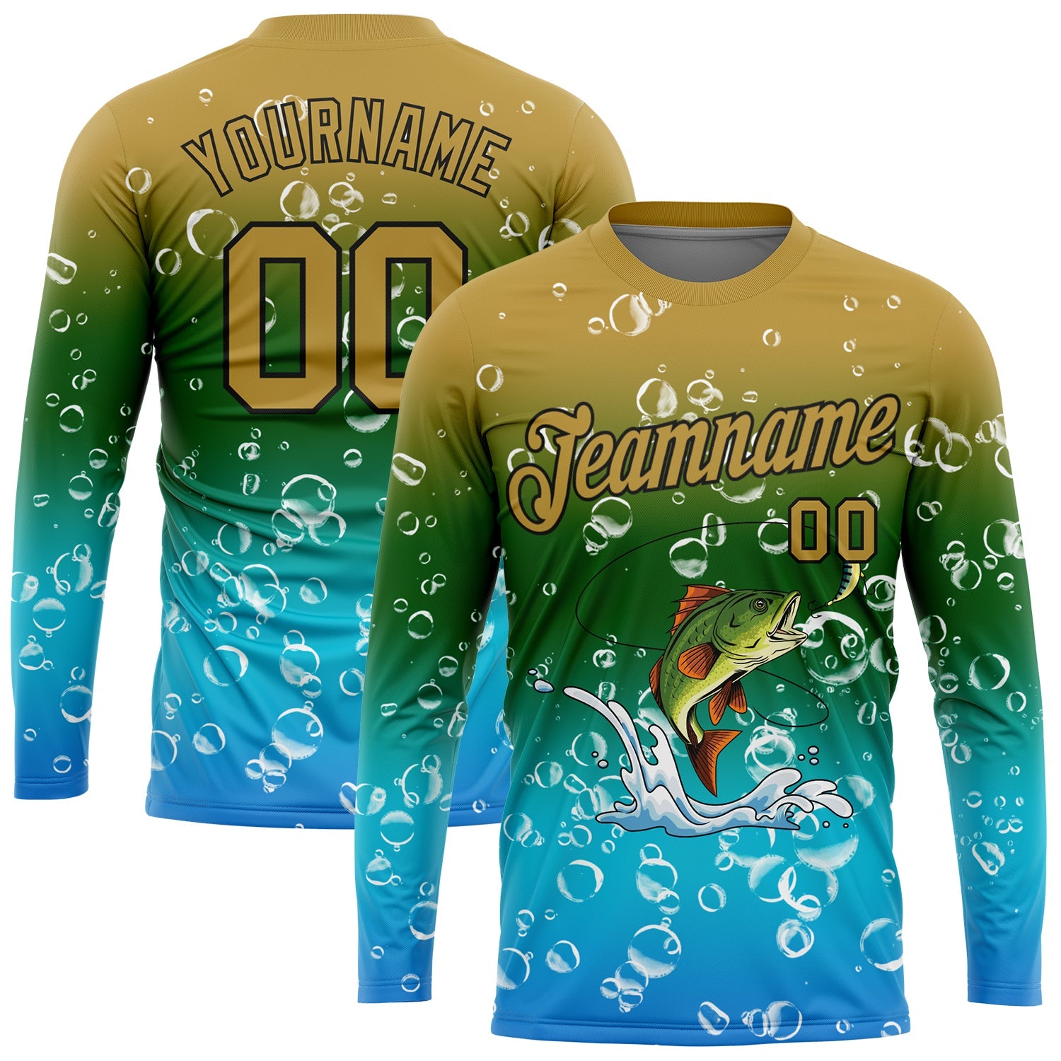 Custom Old Gold Green Lakes Blue-Black Fishing Bass Fish Long Sleeve Performance T-Shirt - Main View