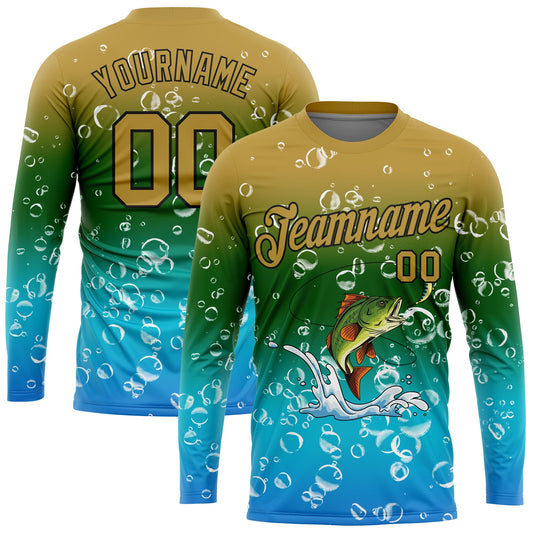 Custom Old Gold Green Lakes Blue-Black Fishing Bass Fish Long Sleeve Performance T-Shirt - Main View