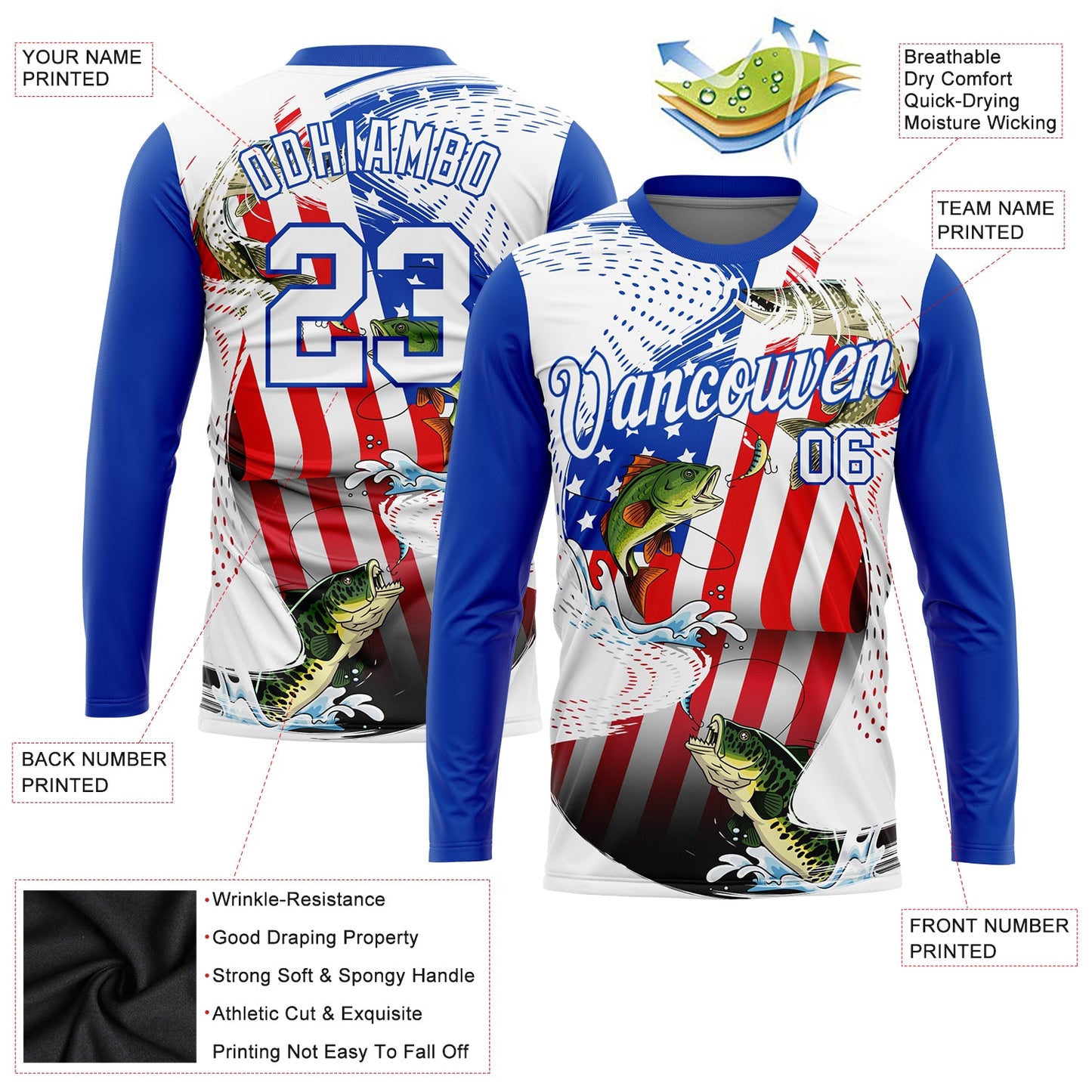 Custom White Fire Red-Thunder Blue Fishing Bass Fish American Flag Long Sleeve Performance T-Shirt view 2