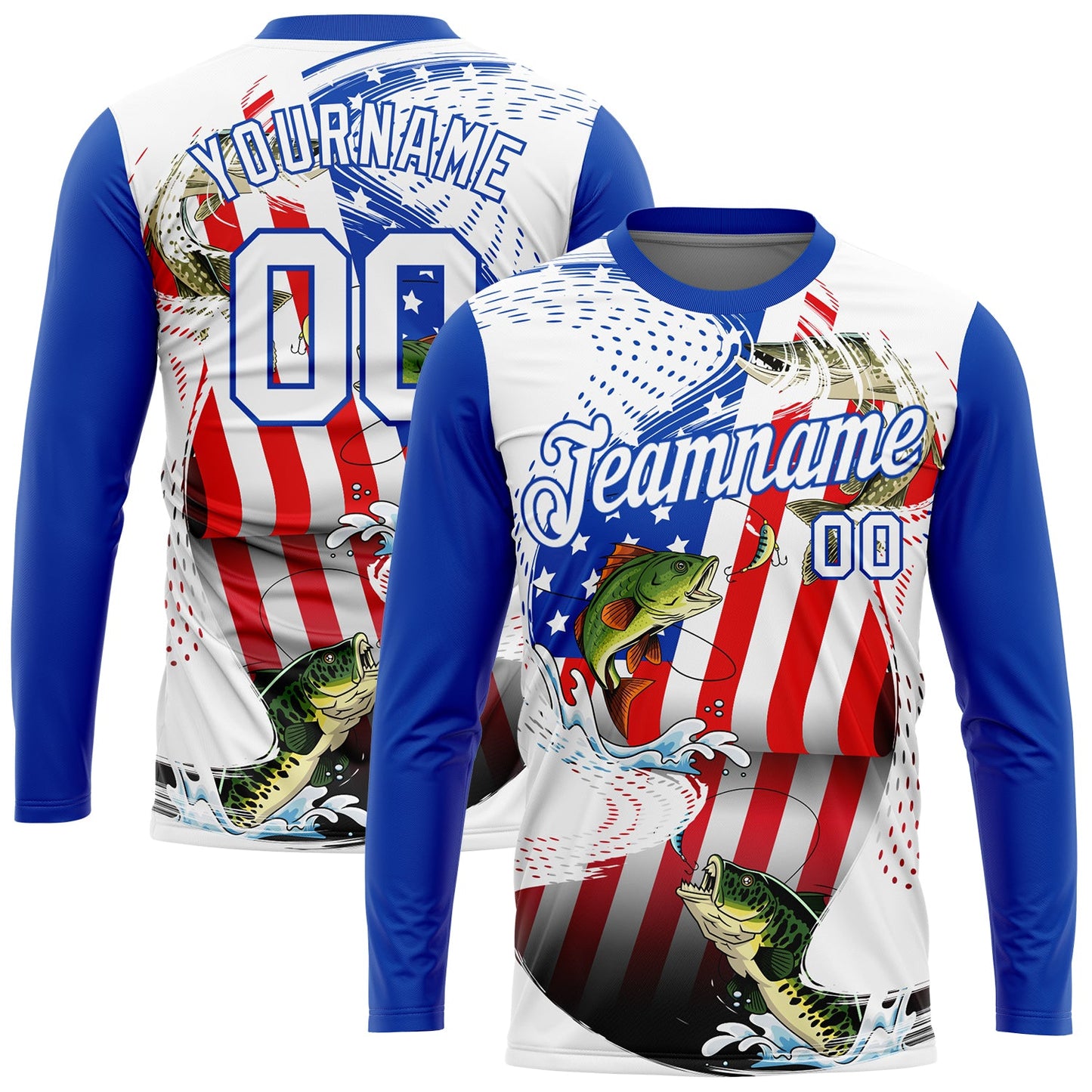 Custom White Fire Red-Thunder Blue Fishing Bass Fish American Flag Long Sleeve Performance T-Shirt - Main View