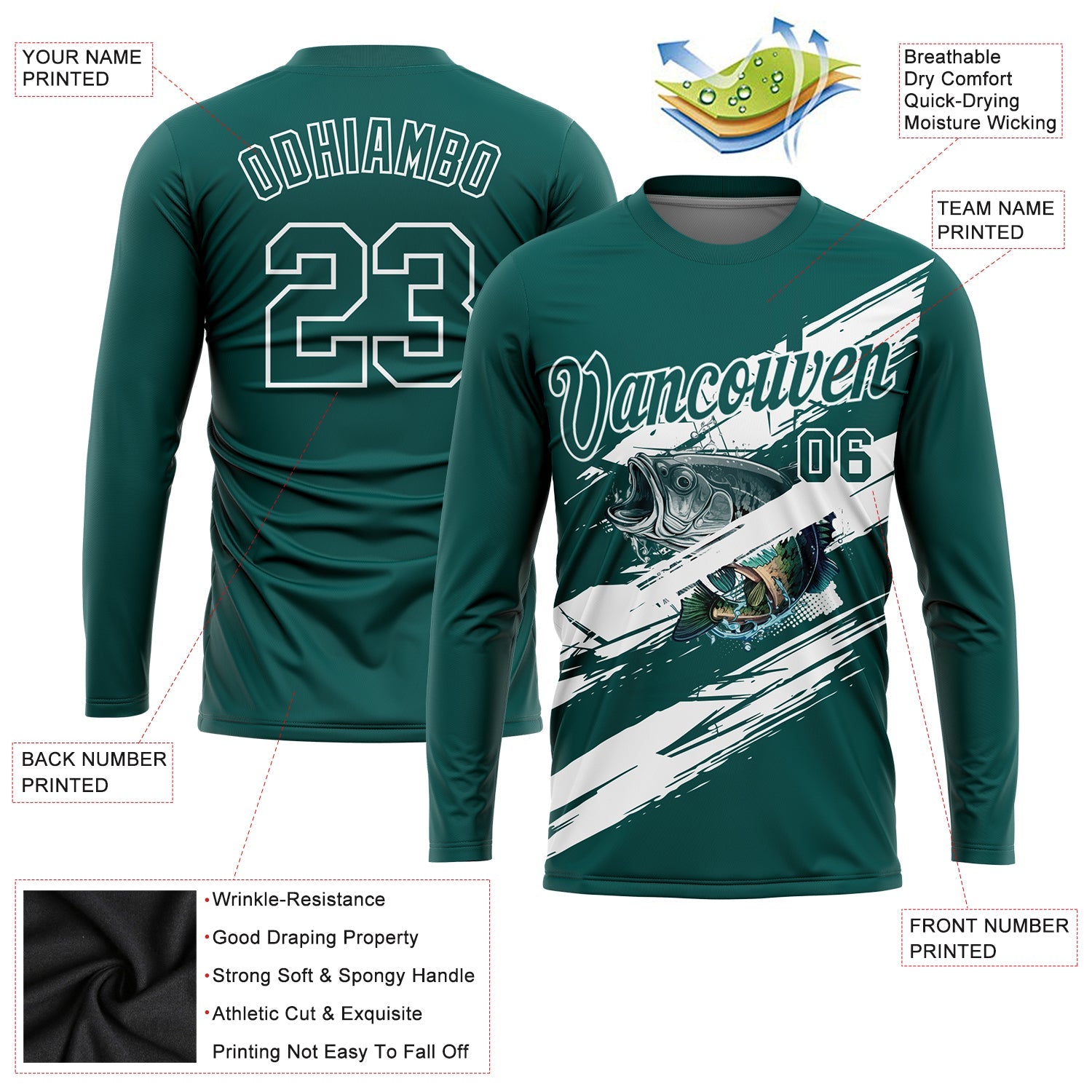 Custom Midnight Green-White Fishing Bass Fish Long Sleeve Performance T-Shirt view 2