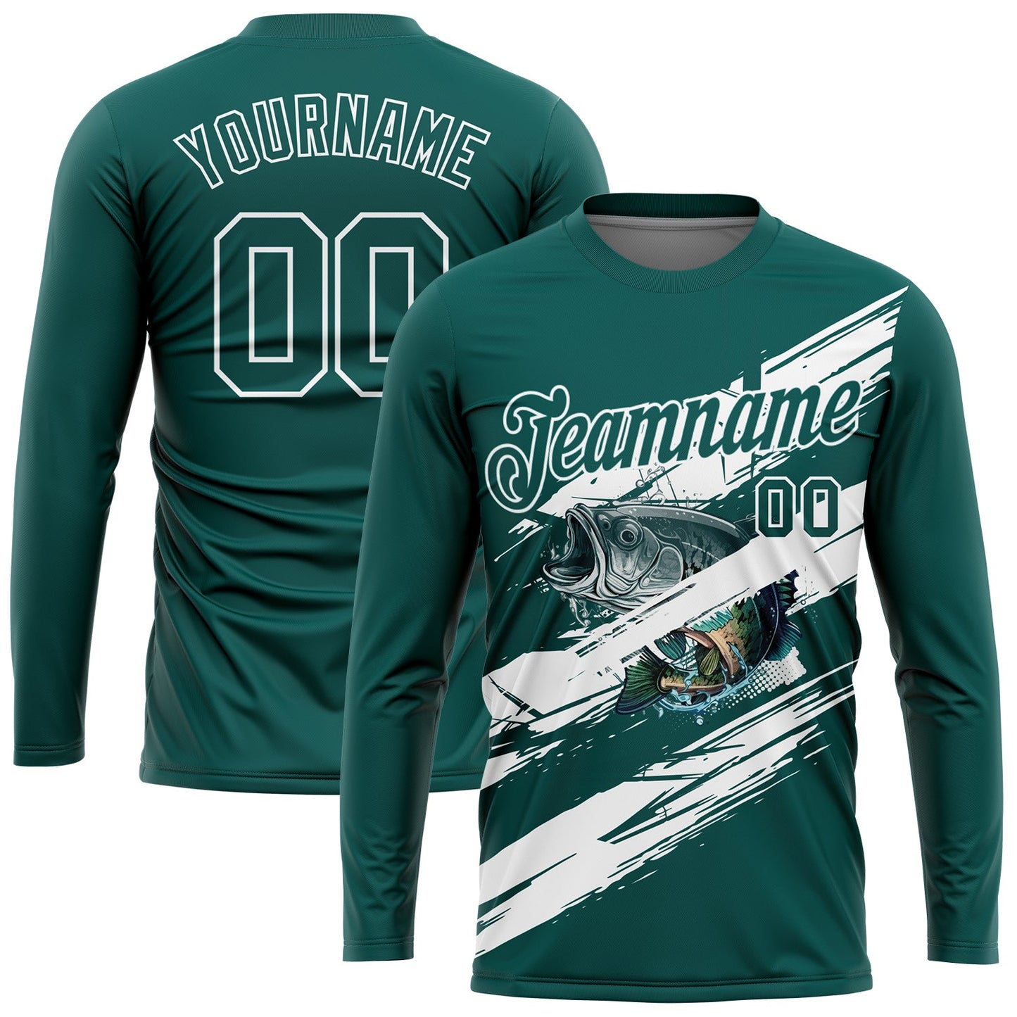 Custom Midnight Green-White Fishing Bass Fish Long Sleeve Performance T-Shirt - Main View