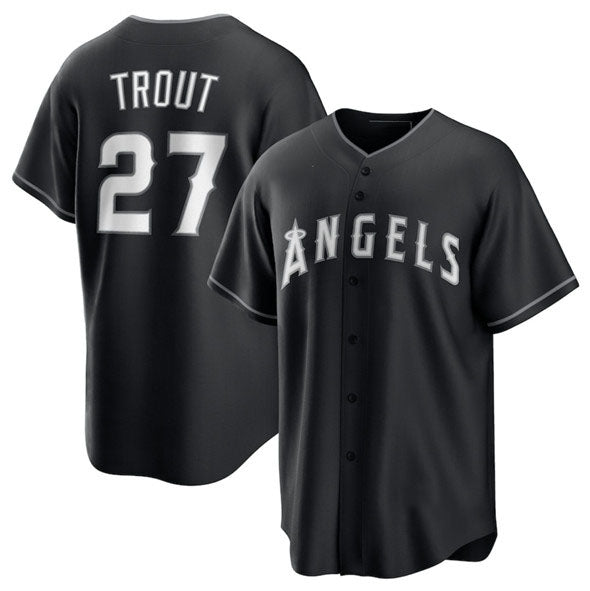 Los Angeles Angels #27 Mike Trout Black Lights Out Limited Stitched Baseball Jersey - Main View