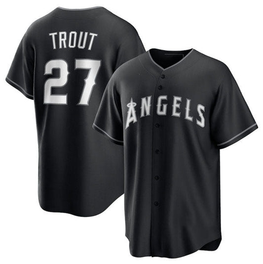 Los Angeles Angels #27 Mike Trout Black Lights Out Limited Stitched Baseball Jersey - Main View