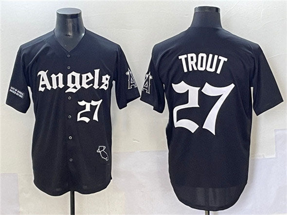 Los Angeles Angels #27 Mike Trout Black 'Gothic Halo Edition' Vapor Limited Stitched Baseball Jersey - Main View