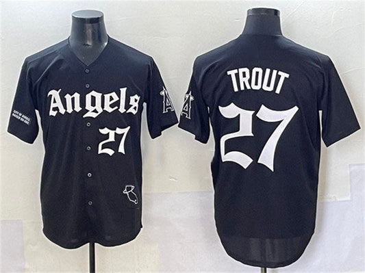 Los Angeles Angels #27 Mike Trout Black 'Gothic Halo Edition' Vapor Limited Stitched Baseball Jersey - Main View