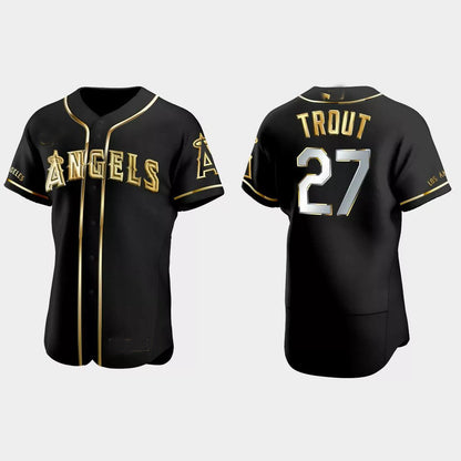 Los Angeles Angels #27 Mike Trout Gold Edition Authentic Jersey - Black Men Youth Women Baseball Jerseys