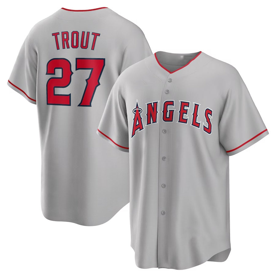 Los Angeles Angels #27 Mike Trout Road Replica Player Name Jersey - Silver Stitched Baseball Jersey - Main View