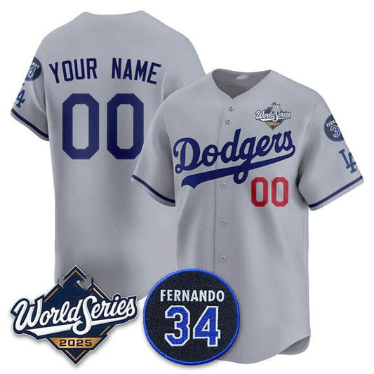 Custom Los Angeles Dodgers ACTIVE PLAYER Gray 2025 World Series With No. 34 Patch Limited Stitched Baseball Jersey - Main View
