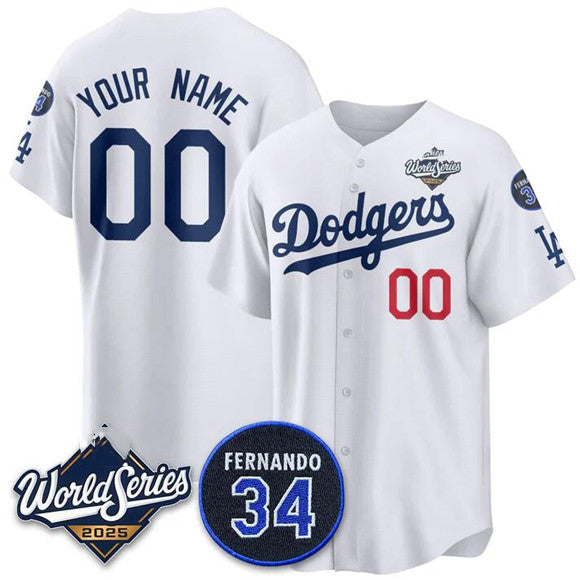 Custom Los Angeles Dodgers ACTIVE PLAYER White 2025 World Series With No. 34 Patch Limited Stitched Baseball Jersey - Main View