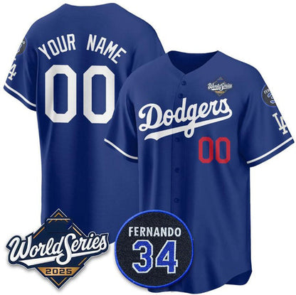 Custom Los Angeles Dodgers Active Player Royal 2025 World Series With No.34 Patch Limited Stitched Baseball Jersey - Main View