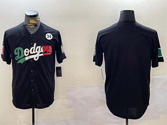Los Angeles Dodgers Blank Black Mexico 2024 World Series With No. 34 Patch Cool Base Stitched Baseball Jersey - Main View