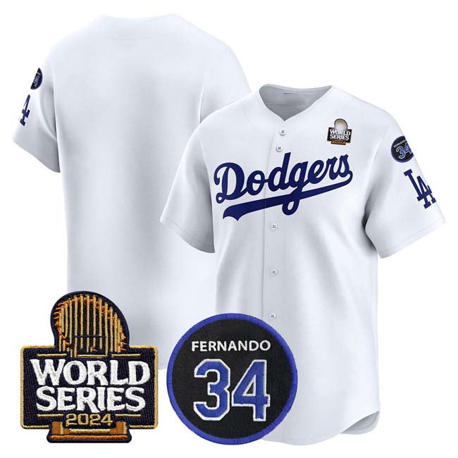 Los Angeles Dodgers Blank White 2024 World Series With Fernando Memorial Patch Limited Stitched Baseball Jersey - Main View