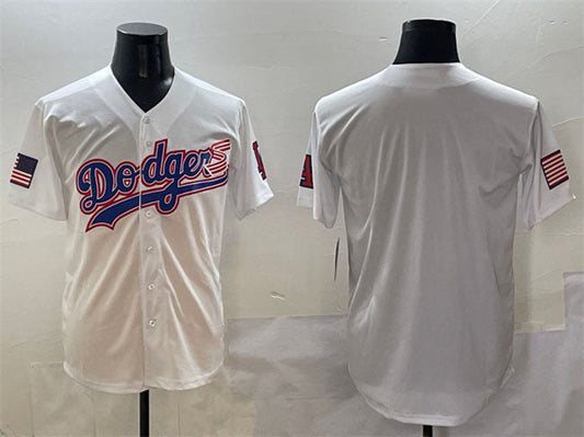 Los Angeles Dodgers Blank White With American Flag Patch Limited Stitched Baseball Jersey - Main View
