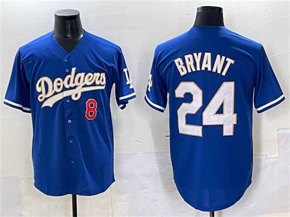 Los Angeles Dodgers Front #8 Back #24 Kobe Bryant Blue Gold Cool Base Stitched Baseball Jersey - Main View
