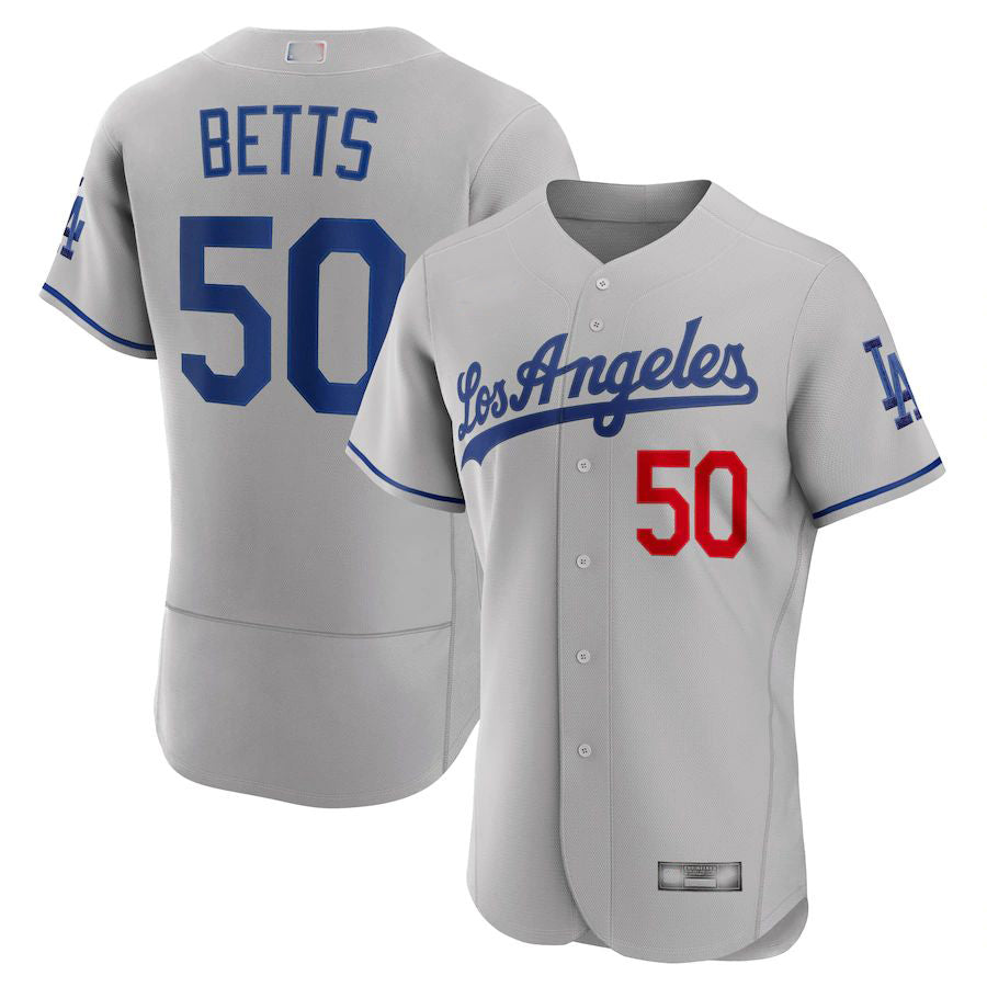 Los Angeles Dodgers # 50 Mookie Betts Gray Away Authentic Player Jersey Baseball Jerseys - Main View