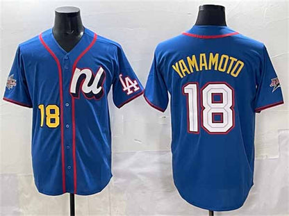 Los Angeles Dodgers National League #18 Yoshinobu Yamamoto Blue 2025 All-Star Edition Limited Stitched Baseball Jersey - Main View