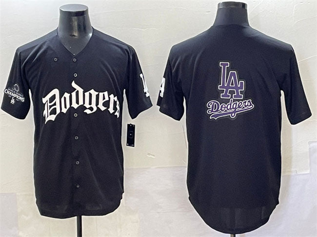 Los Angeles Dodgers Team Big Logo Black 2025 LA Gothic Style With 2024 World Series Champions Patch Vapor Premier Limited Stitched Baseball Jersey - Main View