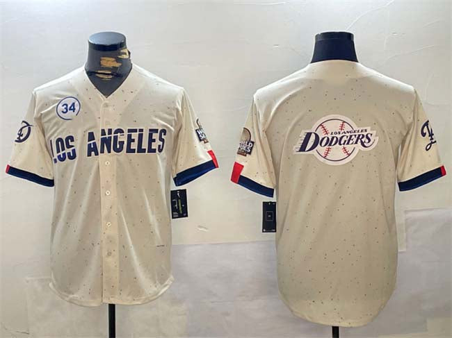 Los Angeles Dodgers Team Big Logo Cream 2024 World Series With No. 34 Patch Limited Stitched Baseball Jersey - Main View