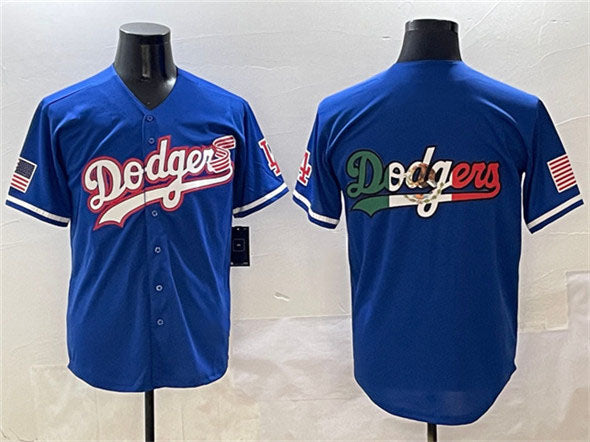 Los Angeles Dodgers Team Big Logo Royal With American Flag Patch Limited Stitched Baseball Jersey - Main View