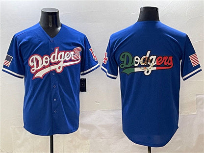 Los Angeles Dodgers Team Big Logo Royal With American Flag Patch Limited Stitched Baseball Jersey - Main View