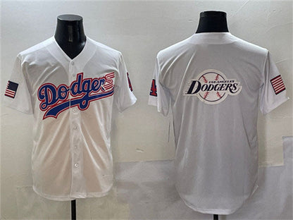 Los Angeles Dodgers Team Big Logo White With American Flag Patch Limited Stitched Baseball Jersey - Main View