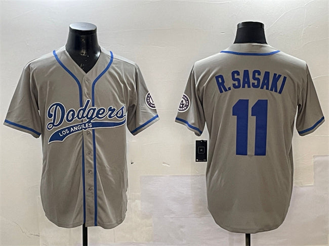Los Angeles Dodgers #11 Roki Sasaki Gray With Patch Cool Base Stitched Baseball Jersey - Main View