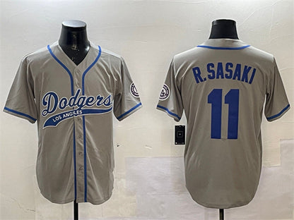 Los Angeles Dodgers #11 Roki Sasaki Gray With Patch Cool Base Stitched Baseball Jersey - Main View