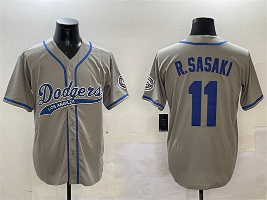 Los Angeles Dodgers #11 Roki Sasaki Gray With Patch Cool Base Stitched Baseball Jersey - Main View
