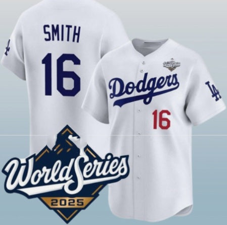 Los Angeles Dodgers #16 Will Smith White 2025 World Series Home Limited Stitched Baseball Jersey - Main View