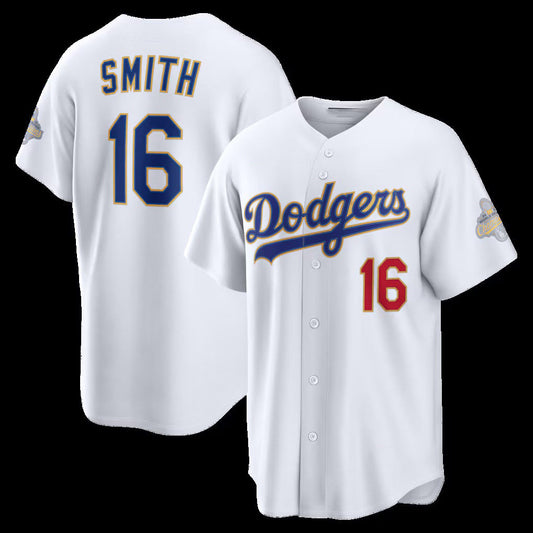 Los Angeles Dodgers #16 Will Smith White 2026 Gold Collection Stadium Stitched Baseball Jersey - Main View