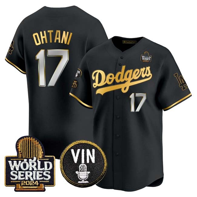 Los Angeles Dodgers #17 Shohei Ohtani Black Gold 2024 World Series Vin & Kobe Patch Limited Stitched Baseball Jersey - Main View