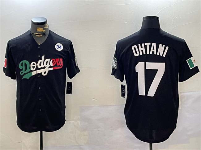Los Angeles Dodgers #17 Shohei Ohtani Black Mexico 2024 World Series With No. 34 Patch Cool Base Stitched Baseball Jersey - Main View