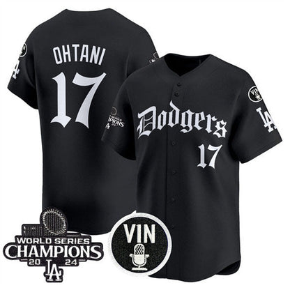 Los Angeles Dodgers #17 Shohei Ohtani Black Mexico 2025 LA Gothic Style With Vin And 2024 World Series Champions Patch Vapor Premier Limited Stitched Baseball Jersey - Main View