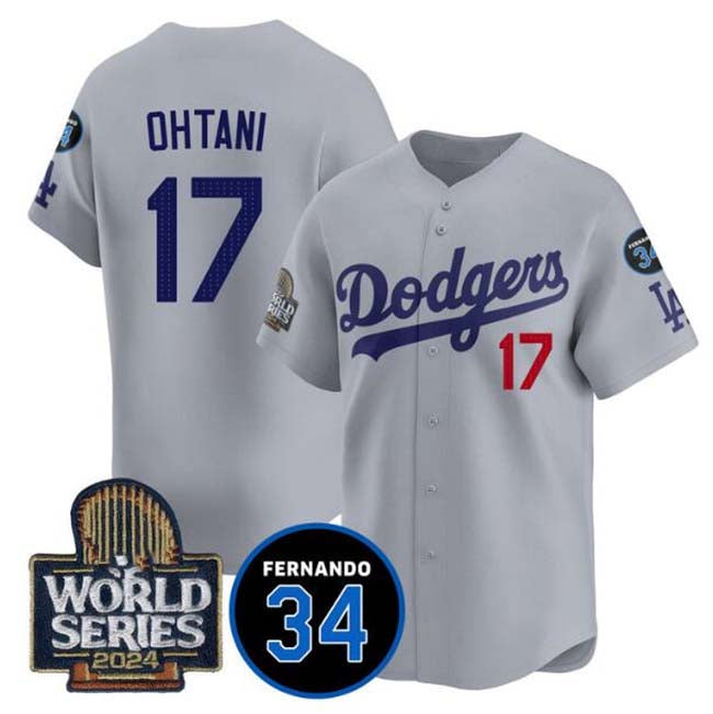 Los Angeles Dodgers #17 Shohei Ohtani Grey 2024 World Series With Fernando Memorial Patch Limited Stitched Baseball Jersey - Main View