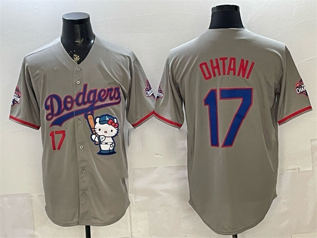 Los Angeles Dodgers #17 Shohei Ohtani Grey Hello Kitty Night 2025 World Series Champions Patch Stitched Jersey - Main View