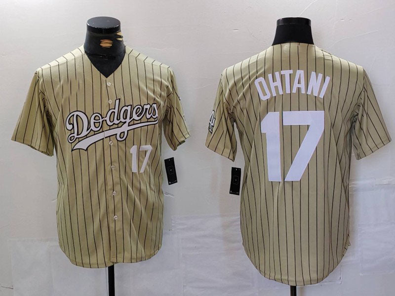Los Angeles Dodgers #17 Shohei Ohtani Number Cream Pinstripe Cool Base Stitched Baseball Jerseys - Main View